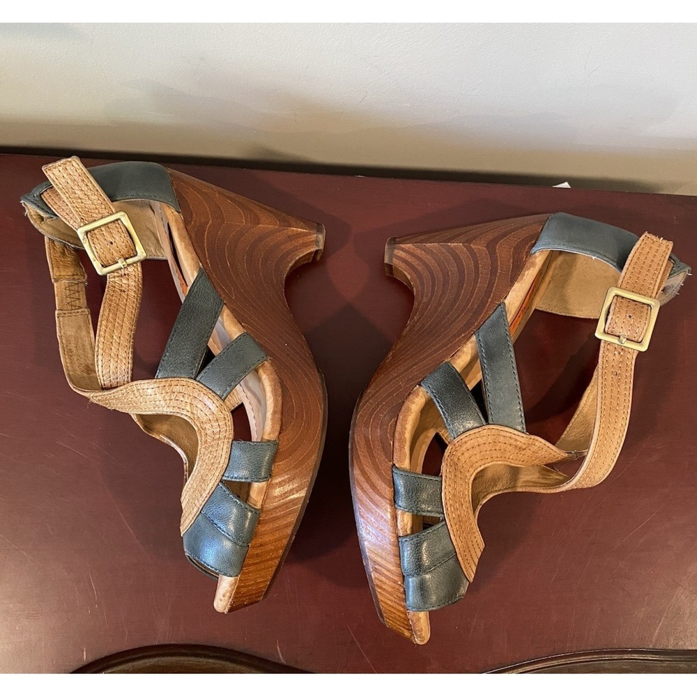 Miz Mooz Petra Wedge Heel Sandals Women's Size 6.5 Blue and Beige Leather Shoes - Picture 7 of 10